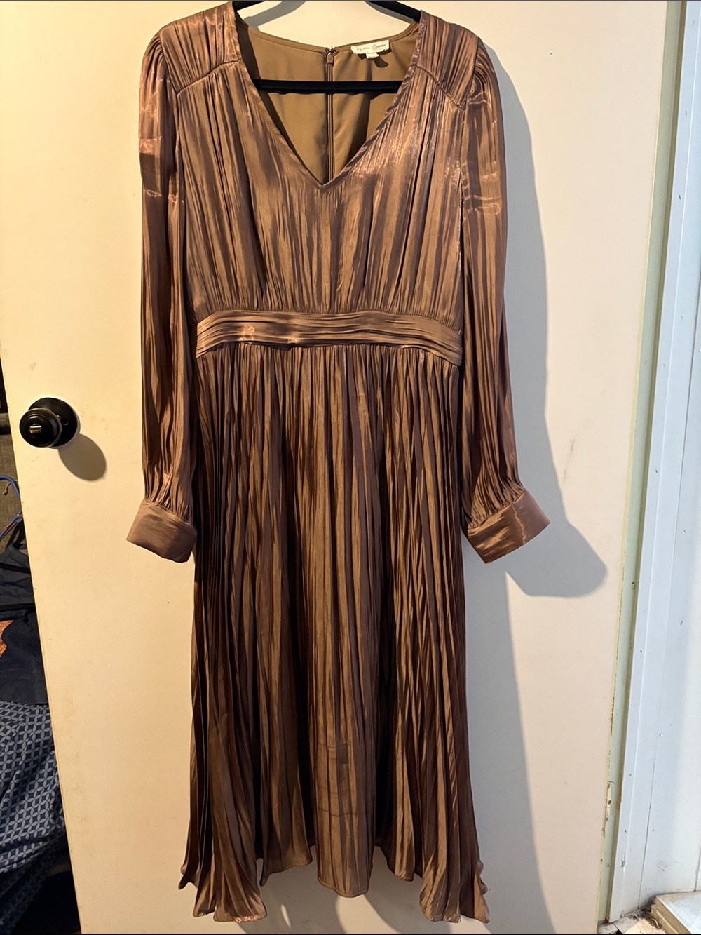Pleated V-Neck Long Sleeve Midi Dress in Bronze